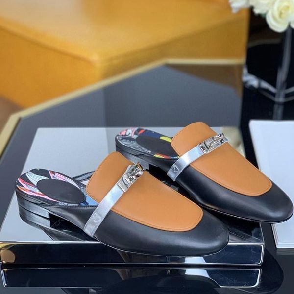 

leather slippers ladies female sandals loafers flats vintage metal dcoration buckle lock slip-on new woman big size 42 ryt, Black