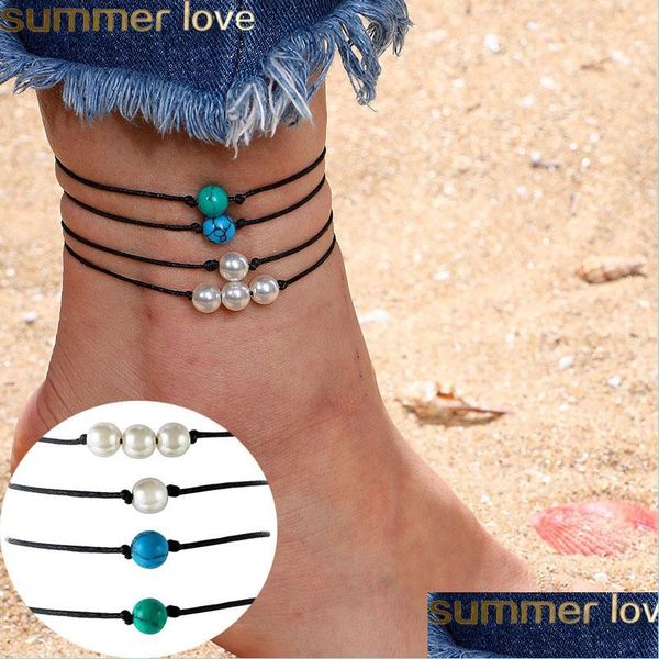 

anklets handmade turquoise stone bead anklet pearl wax bracelet black string rope bracelets for men women summer beach jewelry gifts dhysh, Red;blue