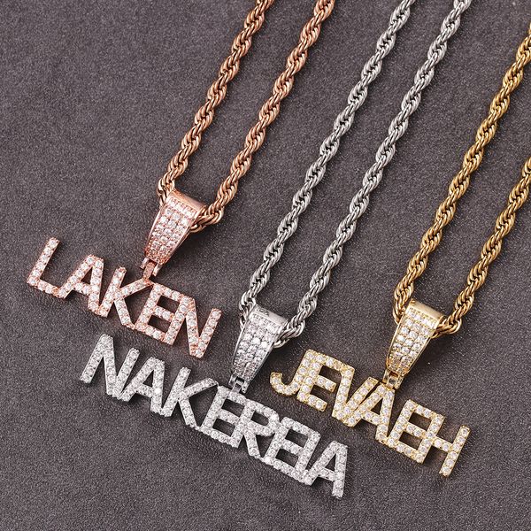 

gold plated bling cz mini size letters custom name letter pendant necklace for women men with 24inch rope chain, Silver