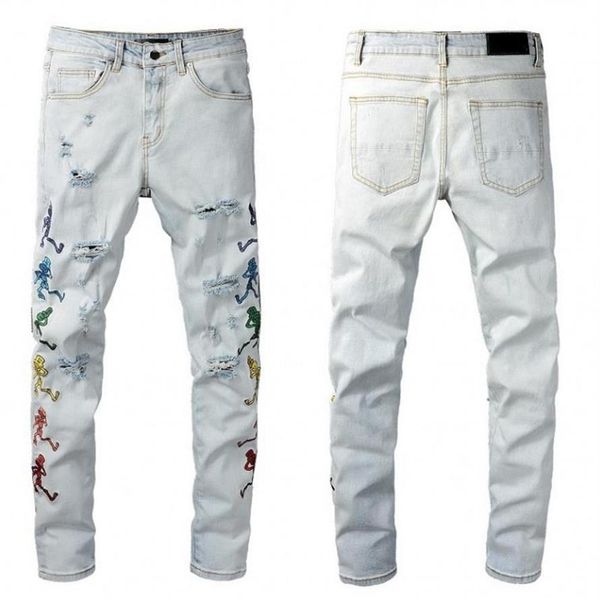 

mens jeans distressed motorcycle biker jean rock skinny slim ripped hole stripe fashionable snake embroidery denim pa2921, Blue