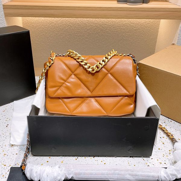 

womens designer 19 series brown quilted bags single flap gold chain bracelet two-tone crossbody shoulder purse large capacity designer handb