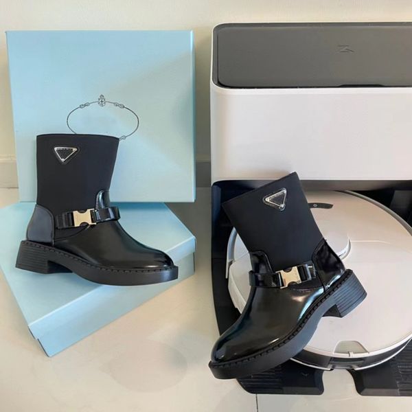 

women boots new designer chelsea ankle boots classic metal buckle half boot brand triangle logo martin booties patent leather autumn winter, Black