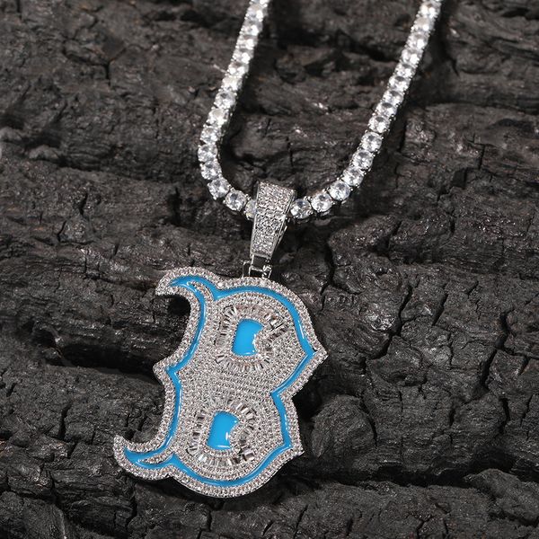 

hip hop iced out letter b pendant necklace noctilucent silver plated with rope chain for men women