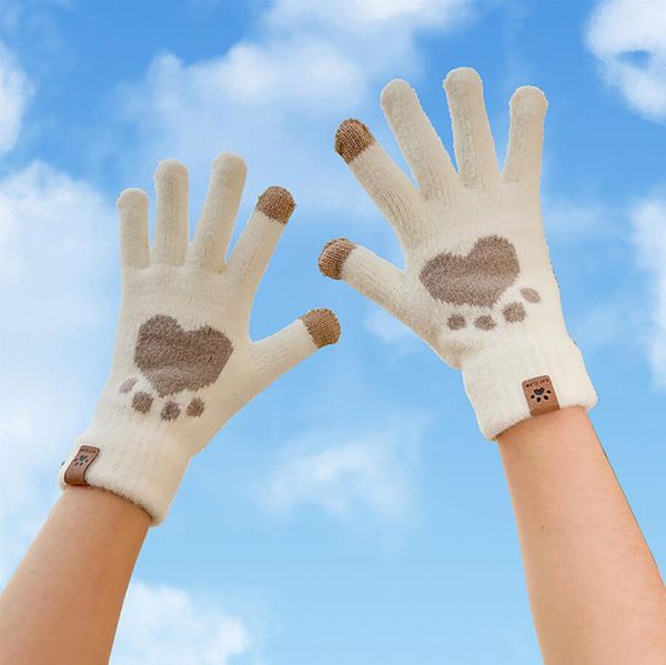

fashion cat paw printing gloves mobile phone touchscreen knitted mittens winter thick warm soft fluffy gloves women gifts 6 colors, Blue;gray