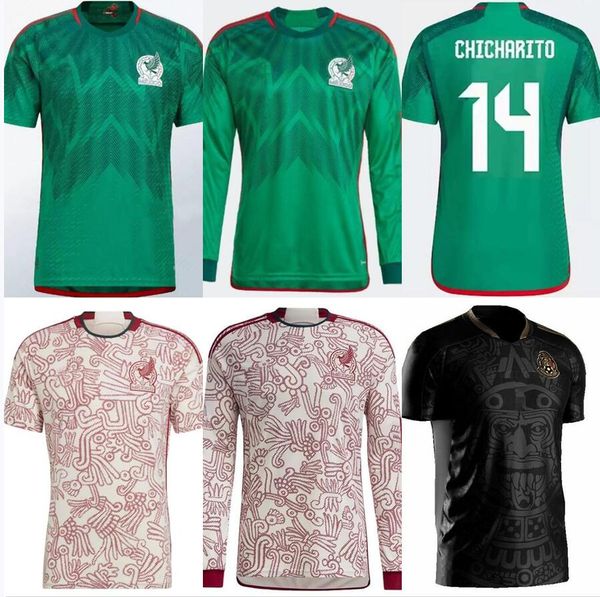 

2022 2023 mexico soccer jerseys long sleeve home away h.losano chicharito g dos santos raul 22 23 c. vela woman football shirt men and kids, Black;yellow