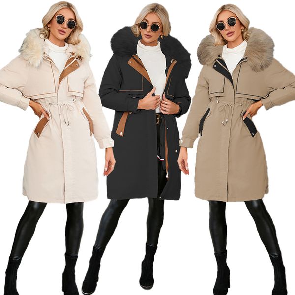 

new womens winter coat parkas cotton jacket long warm zipper fur collar down coats women two piece set design fleece jackets, Black