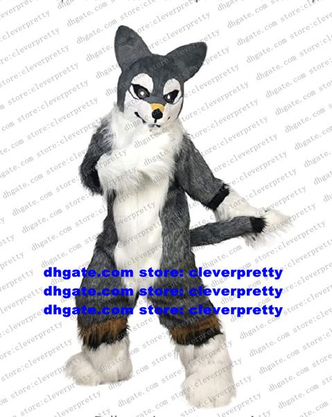 

gray long fur furry fox mascot costume husky dog wolf fursuit cartoon character open a business brand figure zz7563, Red;yellow