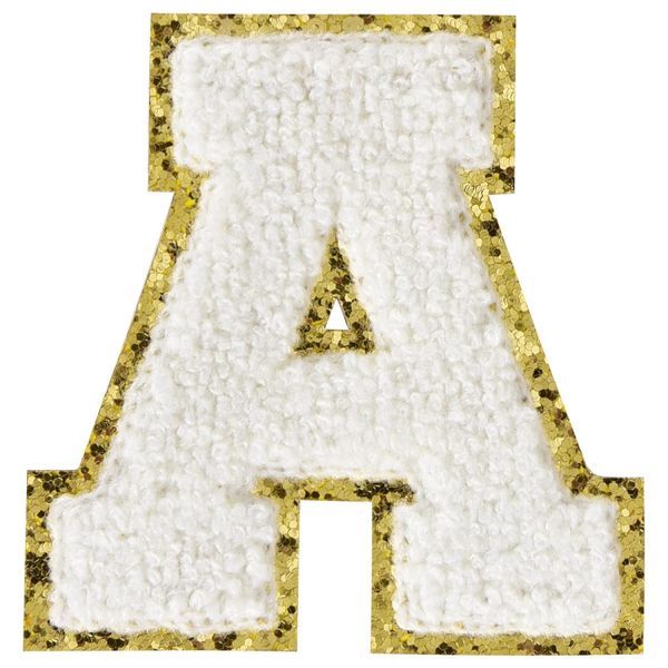 

notions chenille letter patches with gold glitters sew on varsity initial patch white iron on alphabet appliques for team costume decoration, Black