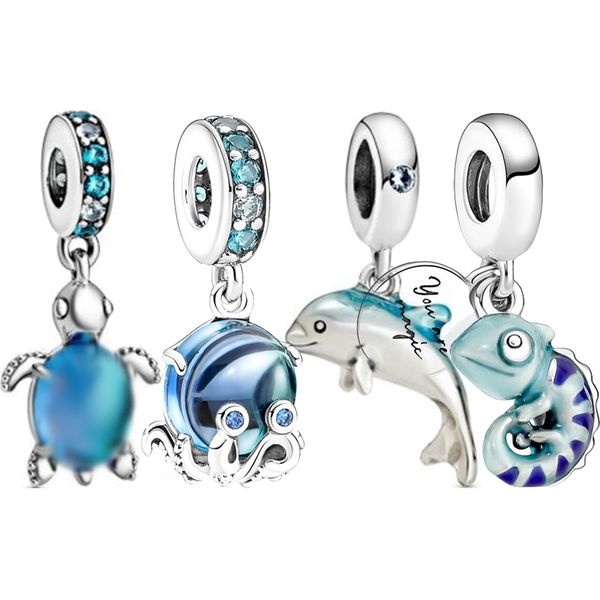 

the new popular 925 sterling silver blue ocs color turtle pendant is suitable for primitive pandora charm silver bracelets diy bead girl jew, Golden;silver