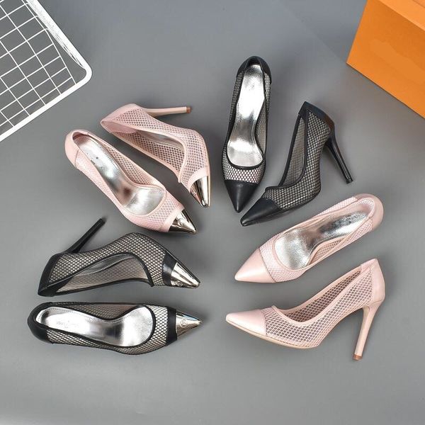 

mesh leather sandals women's designer sheepskin 6cm party heels with box, Black