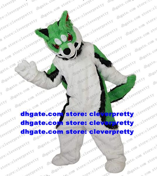 

green long fur furry fox mascot costume husky dog wolf fursuit cartoon character company kick-off supermarket zz7565, Red;yellow