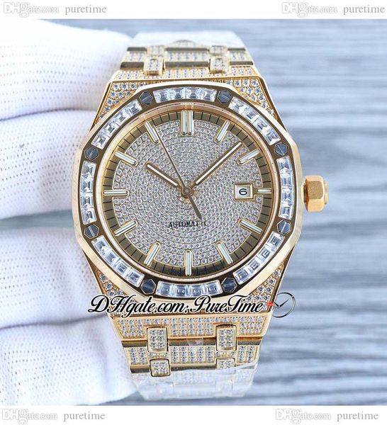 

1540 full paved diamonds a3120 automatic mens watch yellow gold baguette diamond ice out stick stainless steel bracelet oak jewelry watches, Slivery;brown