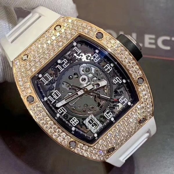 

rose gold diamonds watch mens skeleton watches rm010 eta automatic self-winding iced out wristwatch all function works, Slivery;brown