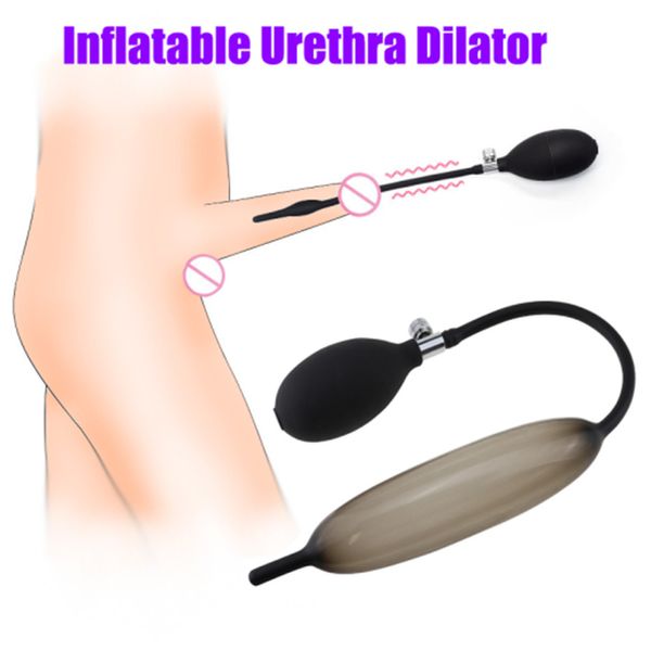 

costumes inflatable expandable urethra catheter dilator sound penis insert male masturbator silicone penis plug toys for men, Black