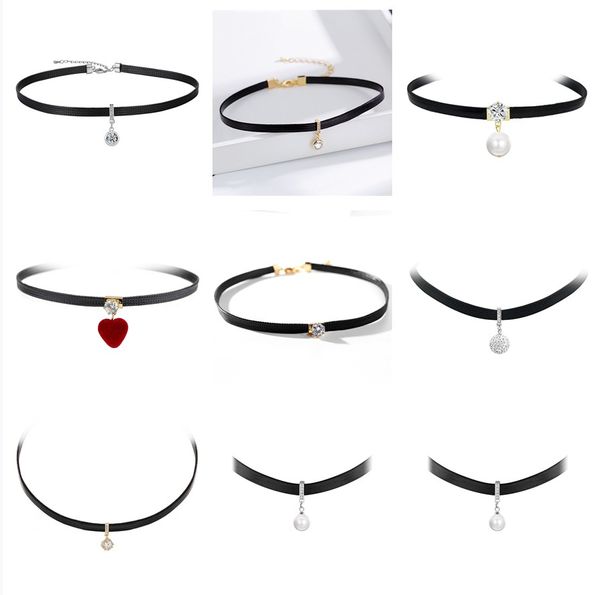 

black leather choker necklace for women new fashion mix cz zircon charms necklaces, Golden;silver