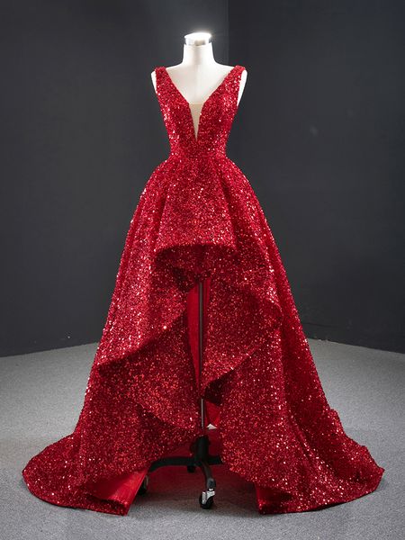 

2022 luxury red evening dresses lace crystal beads sequin sweep train high low formal bridal pageant prom gowns custom made, Black;red