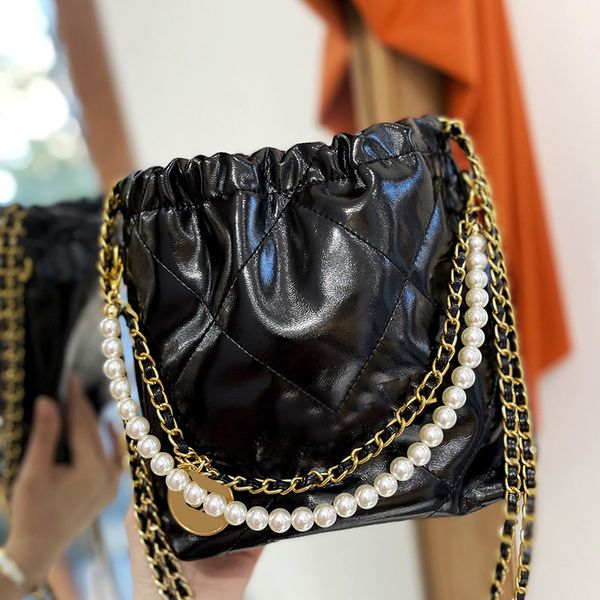 

25cm womens designer calfskin 22 shopping bags with pearl chain handle totes underarm bucket purse silver/gold metal hardware matelasse cros