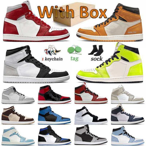 

fashion jumpman 1 1s high basketball shoes womens mid sneakers men stage haze patent bred sports trainers college grey white element bkbh, Black;white