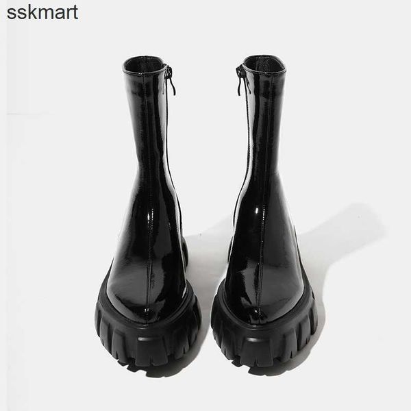 

designer p rois triangle logo boots elastic thin boots 2021 new patent leather pointed thick heel british style martin boots size 35-45, Black