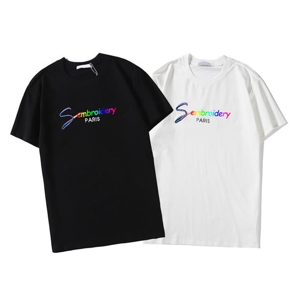 

streetwear men summer tshirts designer t-shirts mens womens rainbow embroidery tees letter printed hole hiphop style t shirts3355, White;black