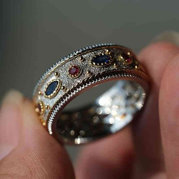 

royal palace style ring 925 silver inlaid red diamond blue italian craft
