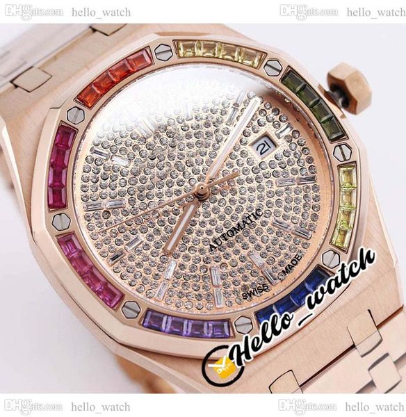 

41mm date a3120 automatic mens watch champagne full paved diamonds dial dial rose gold rainbow diamond bezel steel bracelet watches hellowat, Slivery;brown