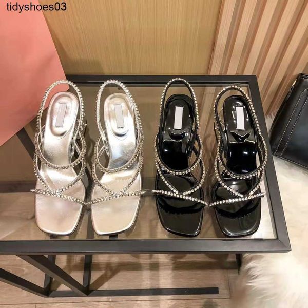 

designer miu home rhinestone sandals women's thin heels 2022 new summer mid patent leather mary jane pumps mid jeweled heel, Black