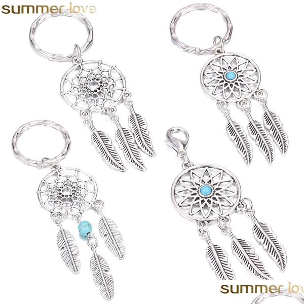 

key rings antique sier tassel beads feather dreamcatcher keychain women wind chimes key chain leaf car bag decoration indian style d dh7j1, Slivery;golden