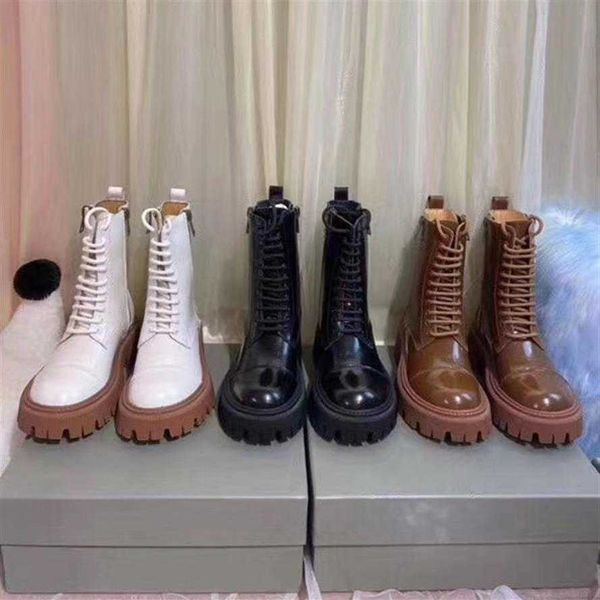 

paris 2020 women designers tractor strike lace-up boot and platform shoes black brown white combat boot winter shoes 012241, Black;white