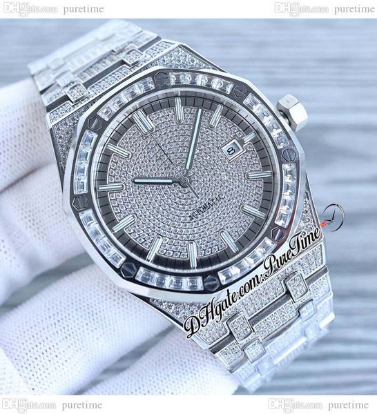 

1540 full paved diamonds a3120 automatic mens watch 42 baguette diamond ice out silver stick stainless steel bracelet oak jewelry watches su, Slivery;brown