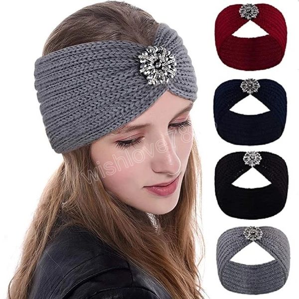 

winter headbands rhintstones women's ear warmer headband thick head wrap elastic hair band for women, Silver