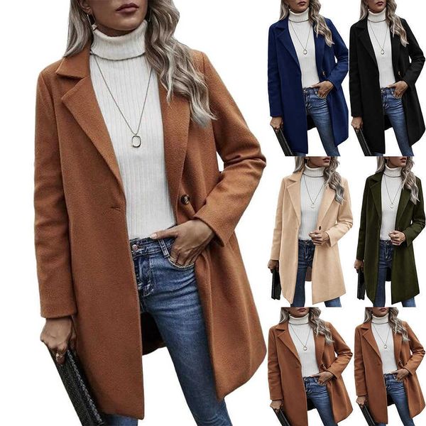 

women's wool blends 2023 button reversible trench coat women's solid color pocket loose long sleeve woolen, Black