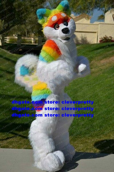 

long fur furry mascot costume rainbow husky dog wolf fox fursuit cartoon character evening party open a business zx2988, Red;yellow