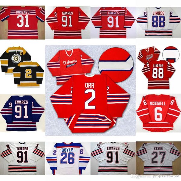 

oshawa generals jersey 91 john tavares 27 kewin 2 bobby orr 31 dirienzo 26 shane doyle 6 jimmy mcdowell 88 eric lindros hockey jersey, Black;red