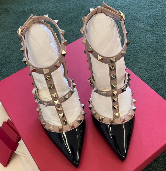 

classics v women sandals rivets high heel shoes genuine leather thin heels 6cm 8cm 10cm nude black red pointed wedding shoes with box 34-44