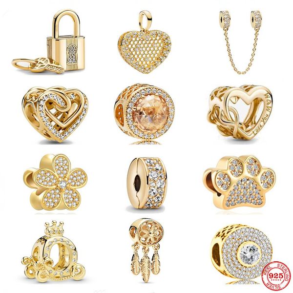 

new popular 925 sterling silver pendant charm and glittering glowing heart gold pearl is suitable for primitive pandora diy women's jew, Golden;silver