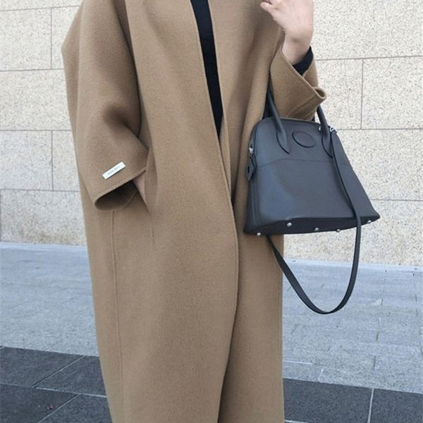 

womens wool blends autumn winter solid loose jacket oneck open stitch casual long coats japanese allmatch elegant outwear feminino 221113, Black