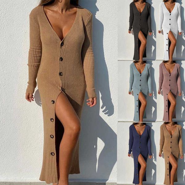 

new autumn and winter 2022 women's knitted thread button long sleeve cardigan dress, Black;gray