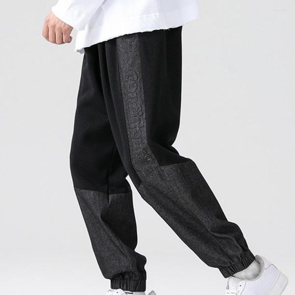 

men's pants elastic waist great drawstring fall trousers simple spring patchwork for daily wear, Black