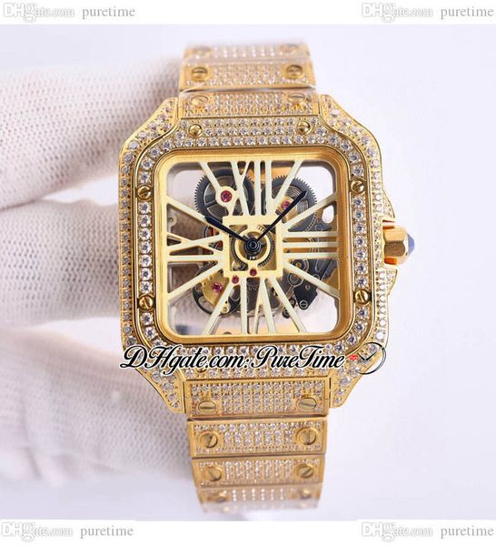 

twf twwhsa0007 swiss ronda 4s20 quartz mens watch fully iced out diamonds case yellow gold champagne roman skeleton diamond bracelet super e, Slivery;brown