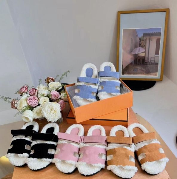 

couples style plush slippers designer classic flat bottom slipper winter leisure lamb wool cattlehide furry fluffy half slipper warmth slide, Black
