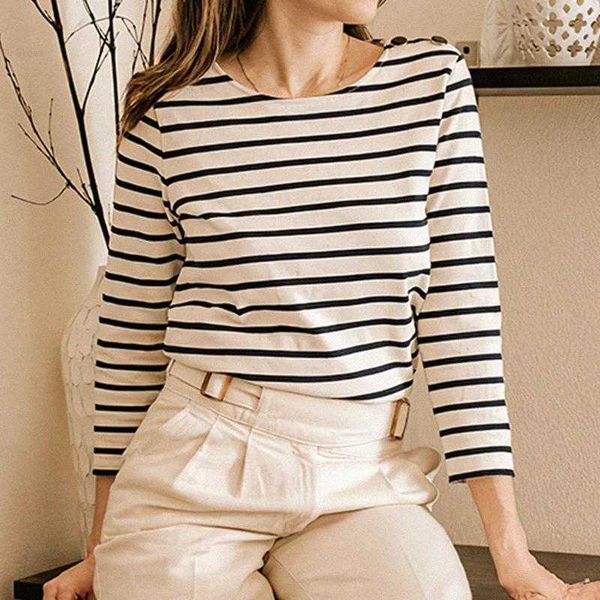 

women's t-shirt chic striped woman autumn elegant clothes long sleeve round neck cotton tshirts ladies 2022 casual vintage tee, White