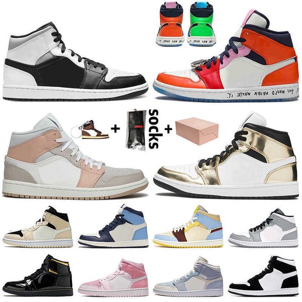 

with box mid white shadow jumpman 1 1s outdoor shoes melody fearless milan metallic gold digital pink twist womens mens trainers sneakers, Black