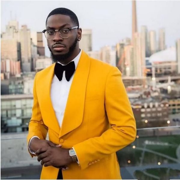 

2023 fashion handsome yellow wedding tuxedos suits men black pants groom wear shawl lapel two button caustume homme mariage customize two se, Black;gray