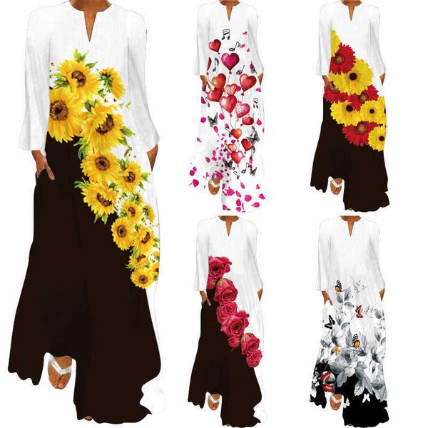 

2021 fresh and sweet women's v-neck large swing sunflower print dress, Black;gray