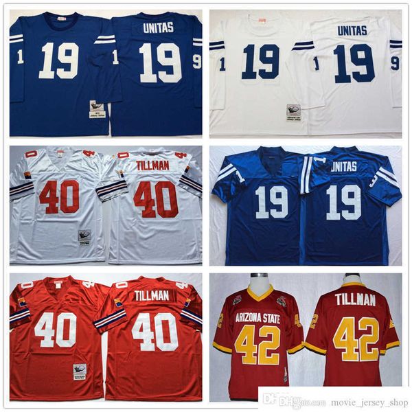 

ncaa vintage mitchell and ness football 40 pat tillman jerseys retro stitch 19 johnny unitas jersey shirt black white blue red mitchell&ness, Black;red
