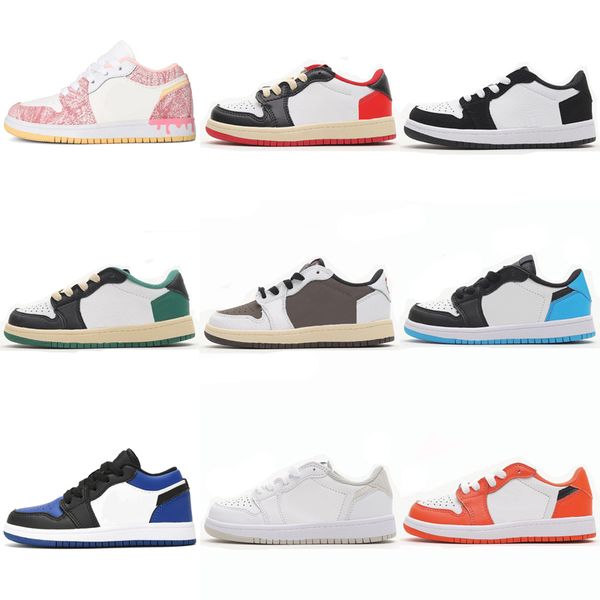 

jumpman 1 low og kids basketball shoes for reverse mocha unc wolf grey shadow bred toe pine green white camo children trainers sports sneake, Black