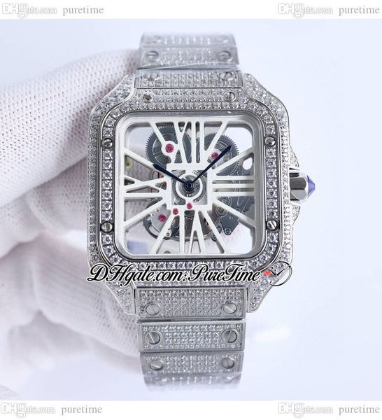 

twf twwhsa0007 swiss ronda 4s20 quartz mens watch fully iced out diamonds case white roman skeleton diamond stainless steel bracelet super e, Slivery;brown