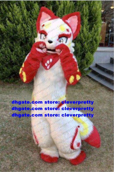 

white red long fur furry mascot costume husky dog fox fursuit cartoon character outfit put on nice p session zx3001, Red;yellow
