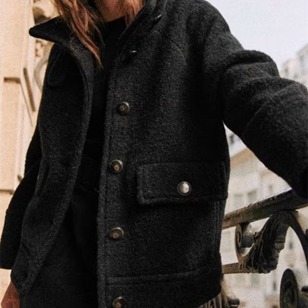 

womens wool blends long sleeve woolen coat black temperament straight casual turndown collar cardigan lady single breasted jacket 221113